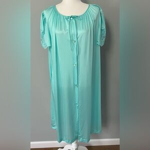 Lorraine Vtg Nightgown Button‎ Front Nylon Robe Size L Short Sleeve Aqua NWT